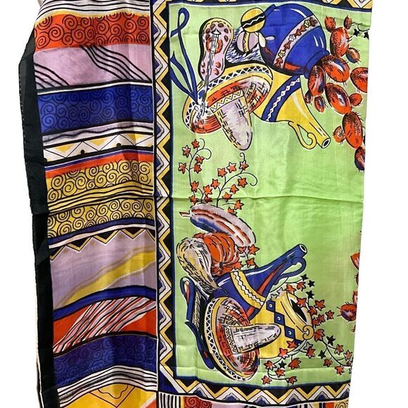 Scarf 100% Silk Mexican Fiesta Multi-Color Square Hand Rolled Hem 32” X 35” - Picture 8 of 10